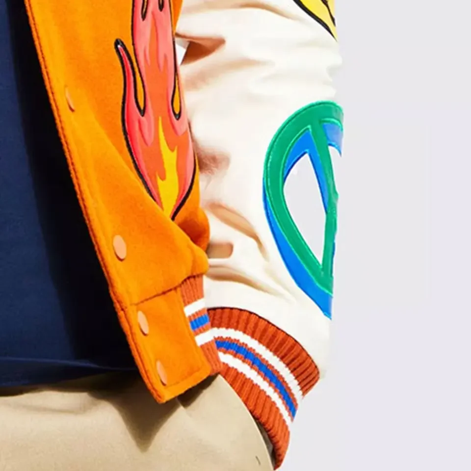 Custom Made American College Varsity Jacket with Blush-Colored Wool Blend & Leather Fabric with Chenille Decorative Patches