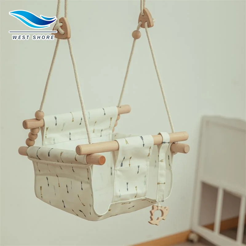 Hot Wooden Baby Swing Chair Canvas Hanging Swing Seat with Cushion Indoor Durable Swing for Infant