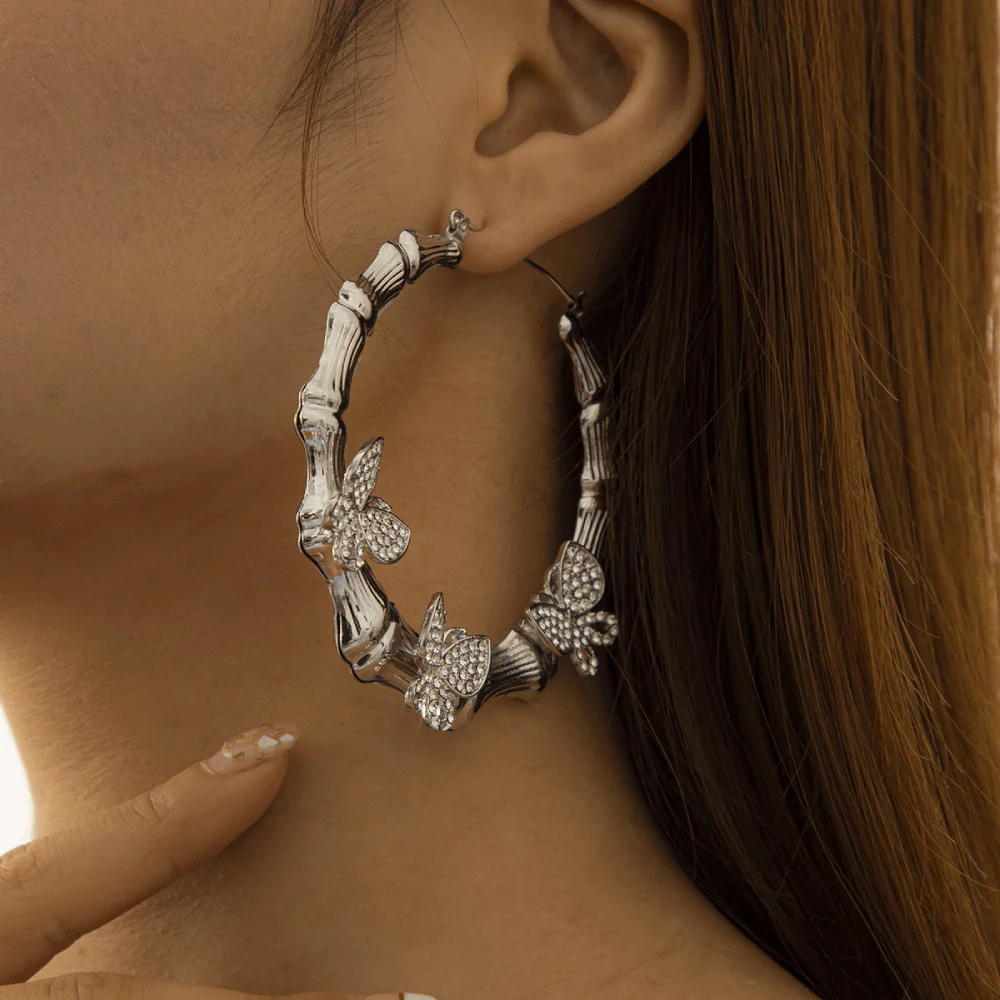 brass alloy with zirconia beads paving butterflies charms bog retro hustle hoop bamboo earrings women butterfly earring