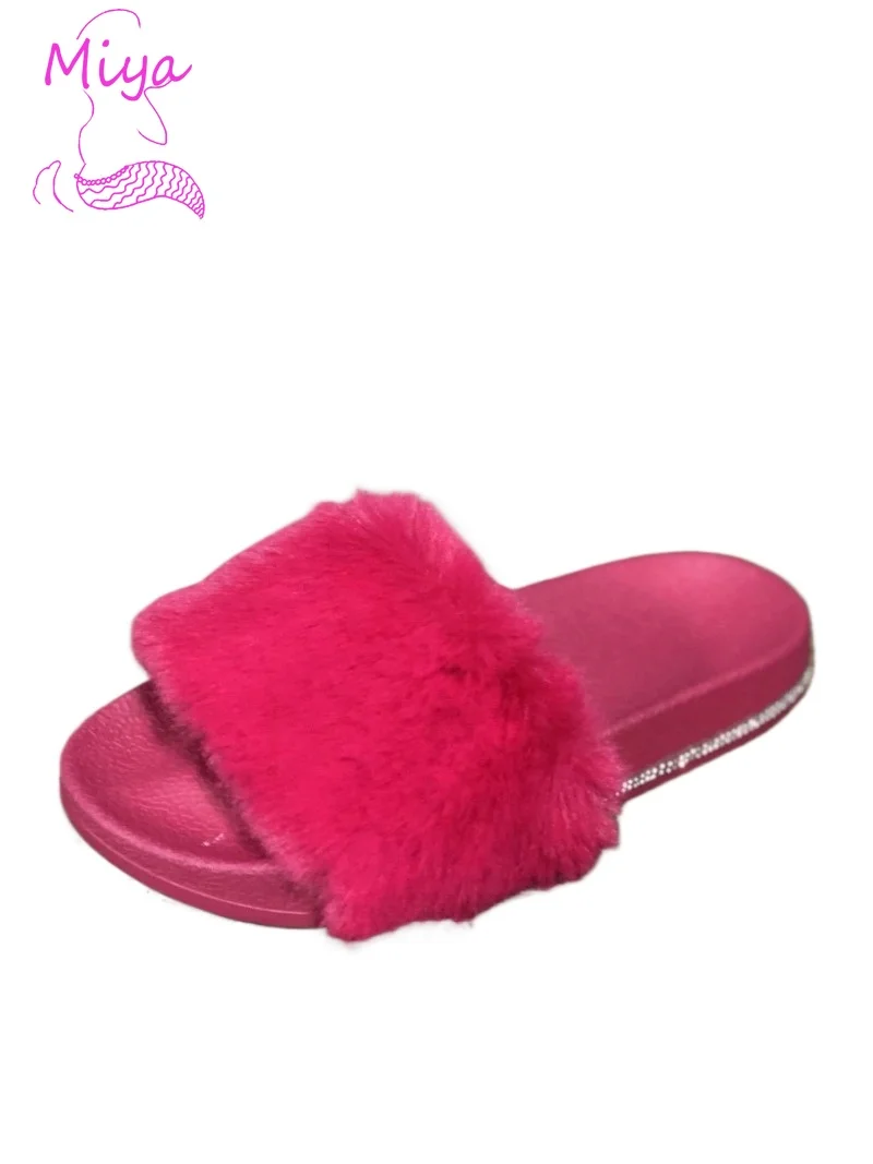 Wholesale Fall Winter Indoor Slippers Shoes Beautiful Furry Slippers for Women Sequined EVA Sole Open Toe Flat Fur Slipper