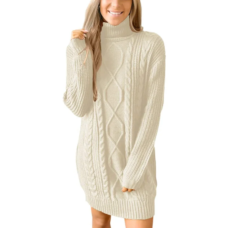 YT  Turtle Neck Cable fisherman Long Line Tunic Long Sleeve Tight Sweaters Dress