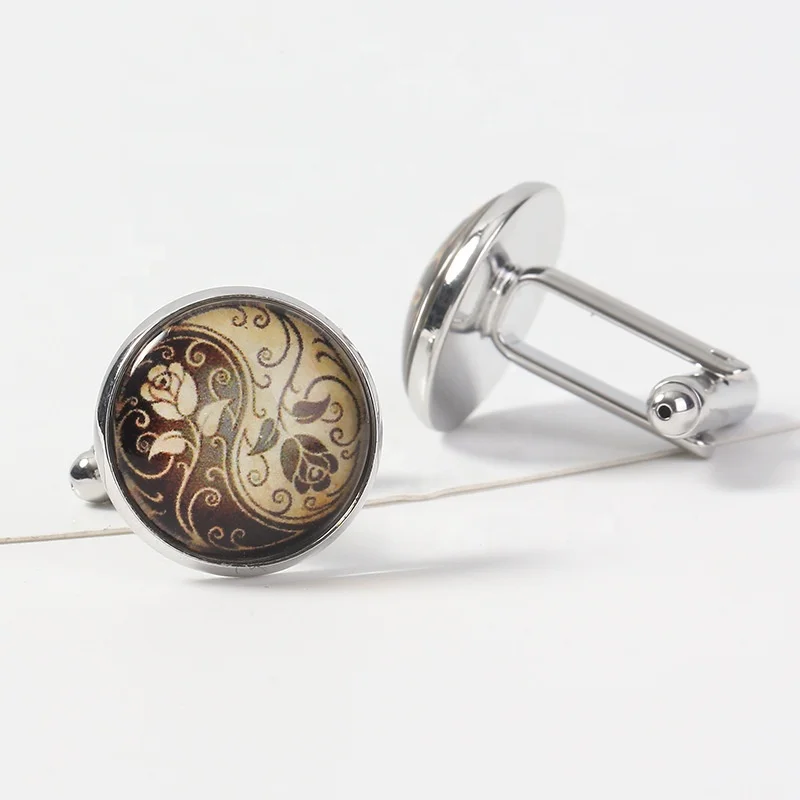 Lot stock personalized metal cuff links traditional cufflink round vintage flowers yiwu wholesale cufflinks