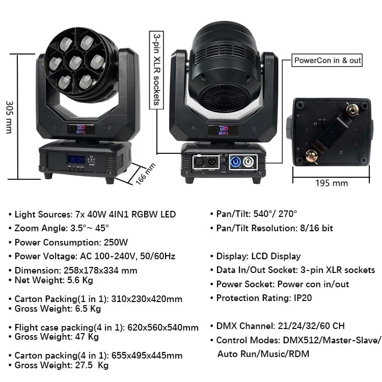 Professional Show Lighting RGBW 7x40w Wash Mini Bee LED Moving Head DMX Stage Light Pixel Wash Beam Lights for Night Club