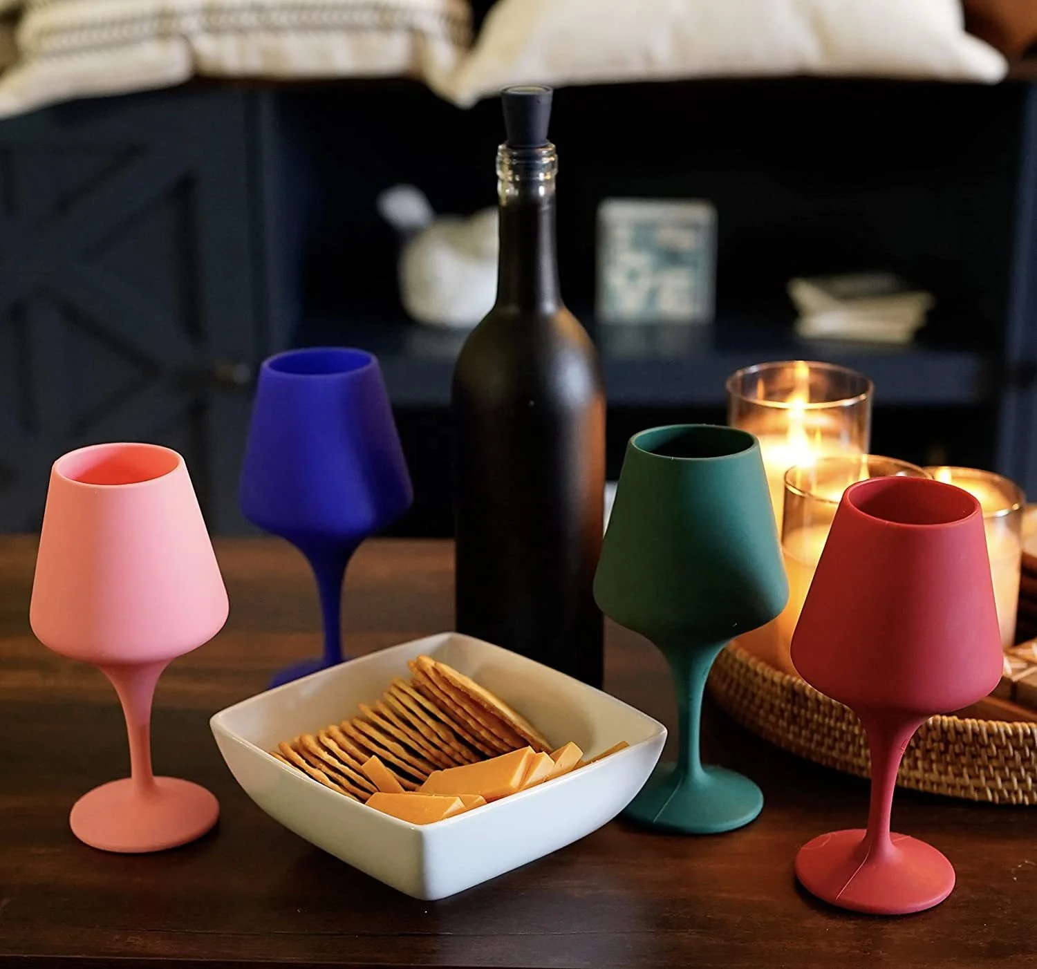 Jinke Wholesale Custom Silicone Anti-Fall Unbreakable Blue Green Red Pink Wineglasses Cup Reusable Stemmed Silicone Wine Glasses