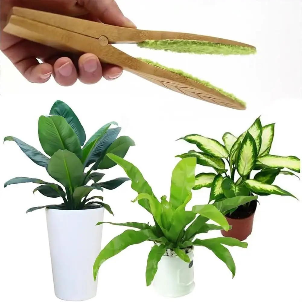 New Original Portable Wooden Hand-Held Green Brush Houseplant Leaf Cleaning Tongs