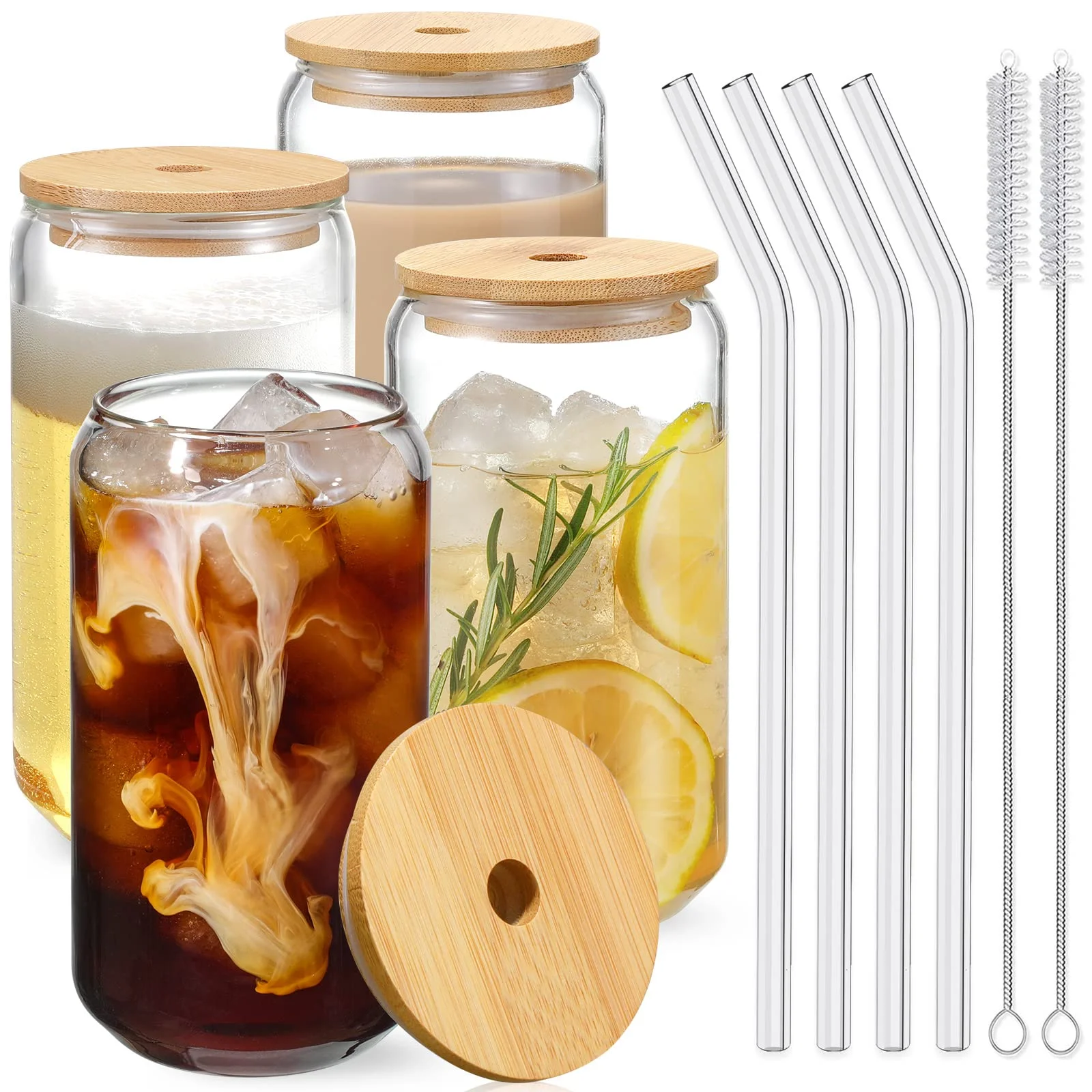 Wholesale 16oz Can Shaped Drinking Gasses Tumblers with Bamboo Lids and Glass Straw for Juice Beverage Milk