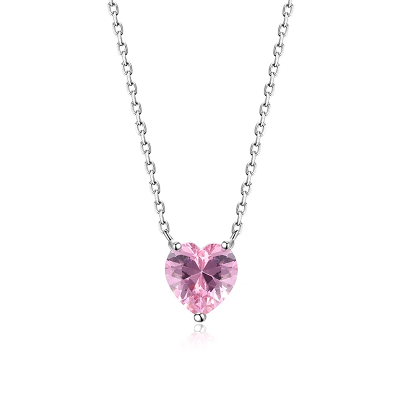 Cartoon Style 925 Sterling Silver 18K Gold Plated Women Pink Zircon Diamond Love Heart Shape Pendant Necklace