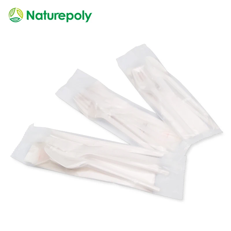 Customized Individual Wrapped Eco Friendly Disposable Utensil Kit Sets Biodegradable Plastic Knife Fork Spoon Cutlery Set