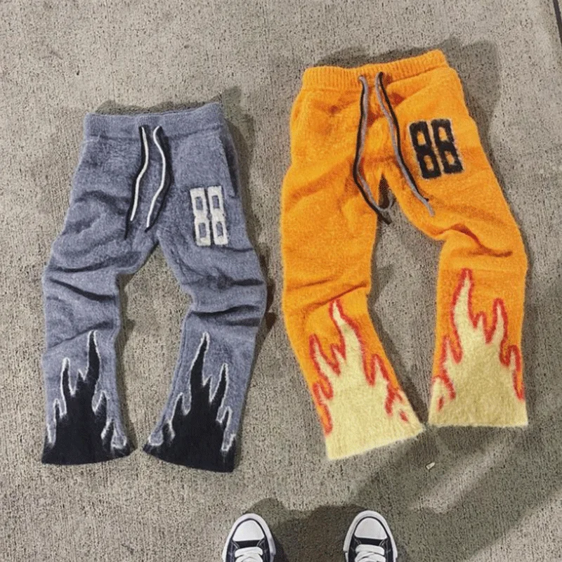 Winter Knitwear Loose Warm Casual Flair Pants Mohair Flared Sweatpants Custom Logo Knitted Furry Drawstring Knit for Men Printed