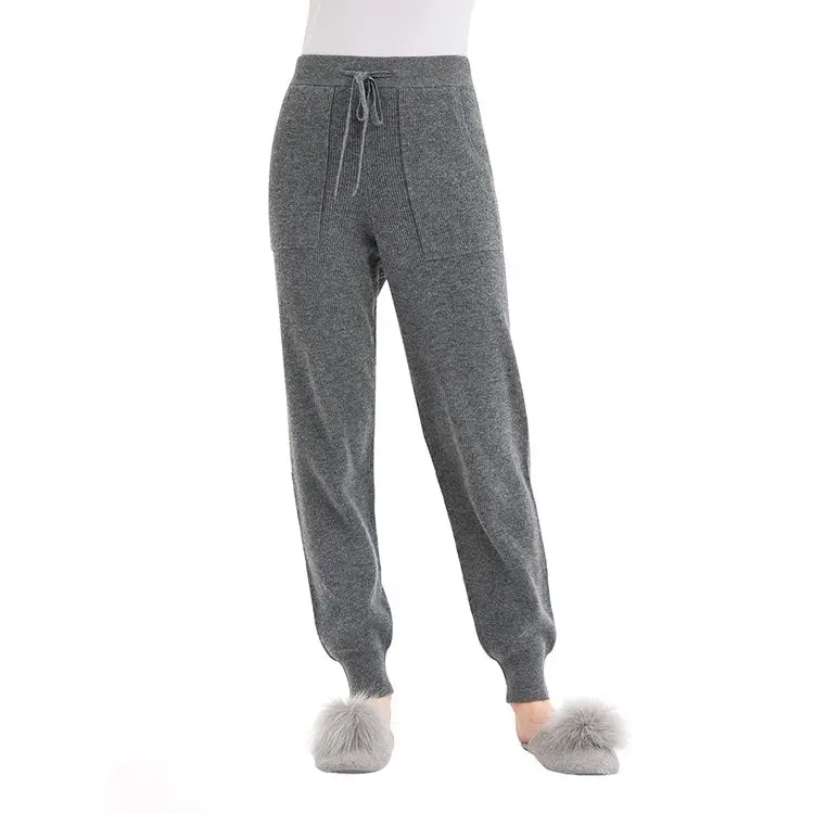 Latest Casual Style Knitted Elastic Waist Drawstring Tie Women 100% Cashmere Knitted Pants