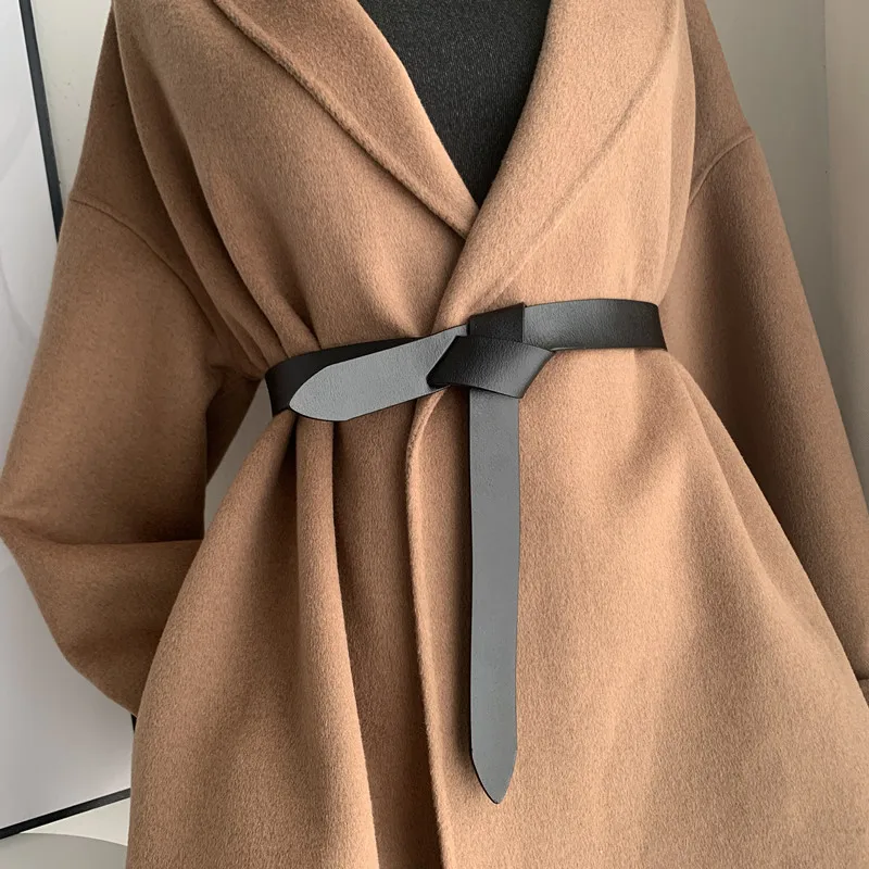 Fashion Belts For Women PU Leather Black Knotted Strap Wild Long Belts Dress Coat Accessories Lady Waistband