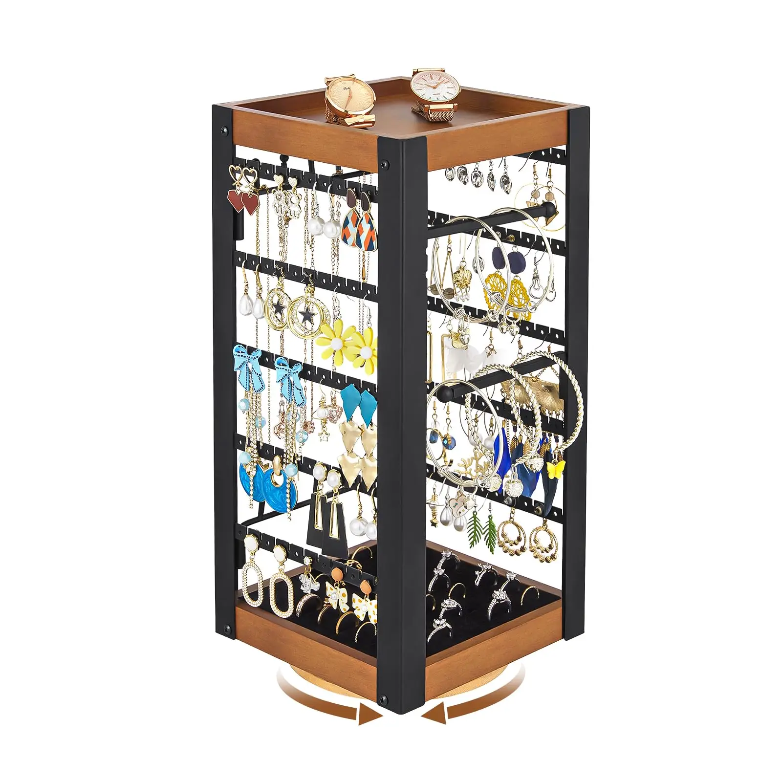 Bracelet Neck Jewelry 360 Rotating Earing Holder Metal And Wooden Free Standing Jewelry Holder Organizer