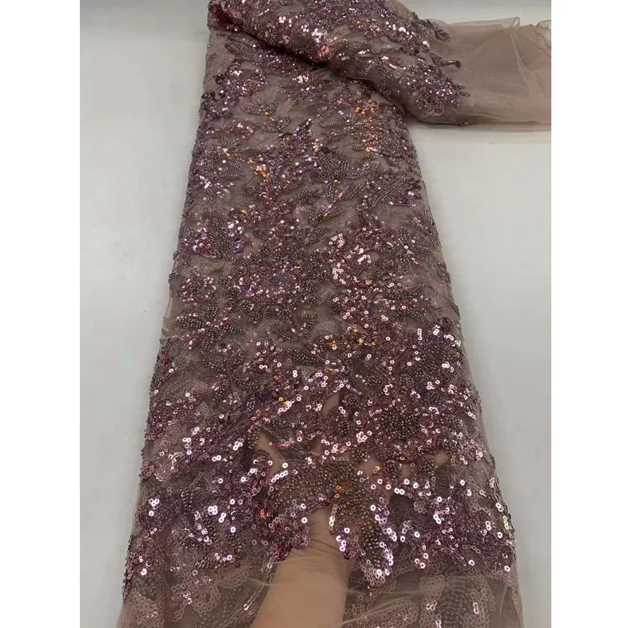 French Lace with Sequins  Beads African  Fabric Lace Wedding Dress High Quality Lace Fabric With Beads And Pearl
