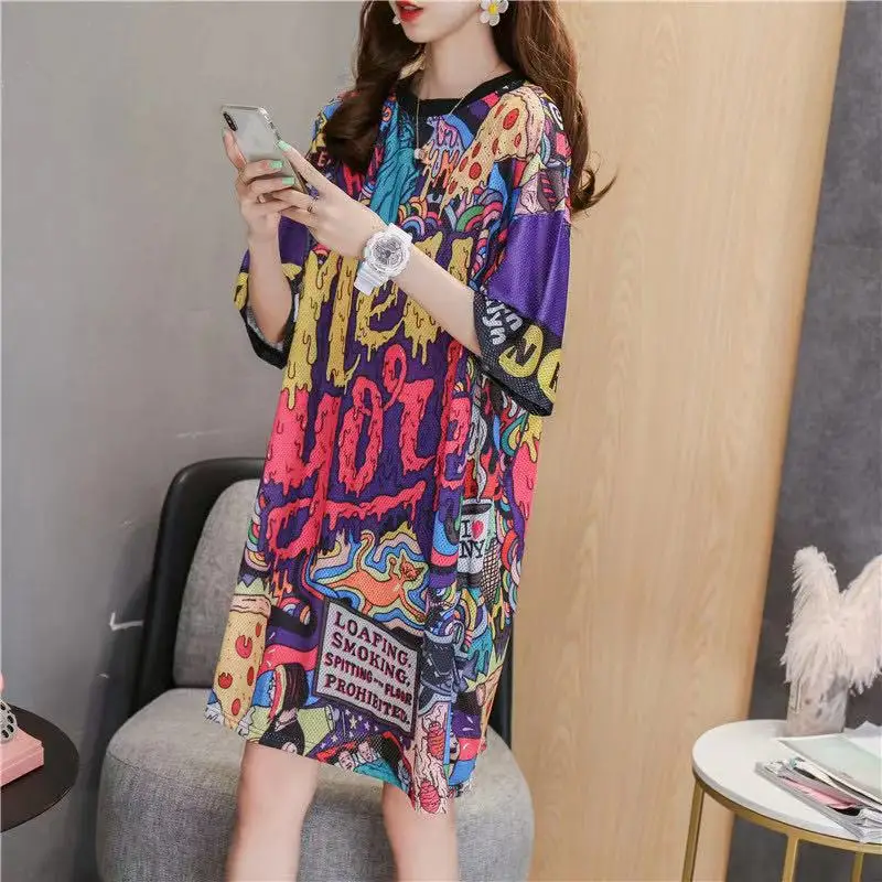
Summer New Design Loose Oversized Casual Dresses Women Harajuku Ice Silk Individuality Cartoon Dress 