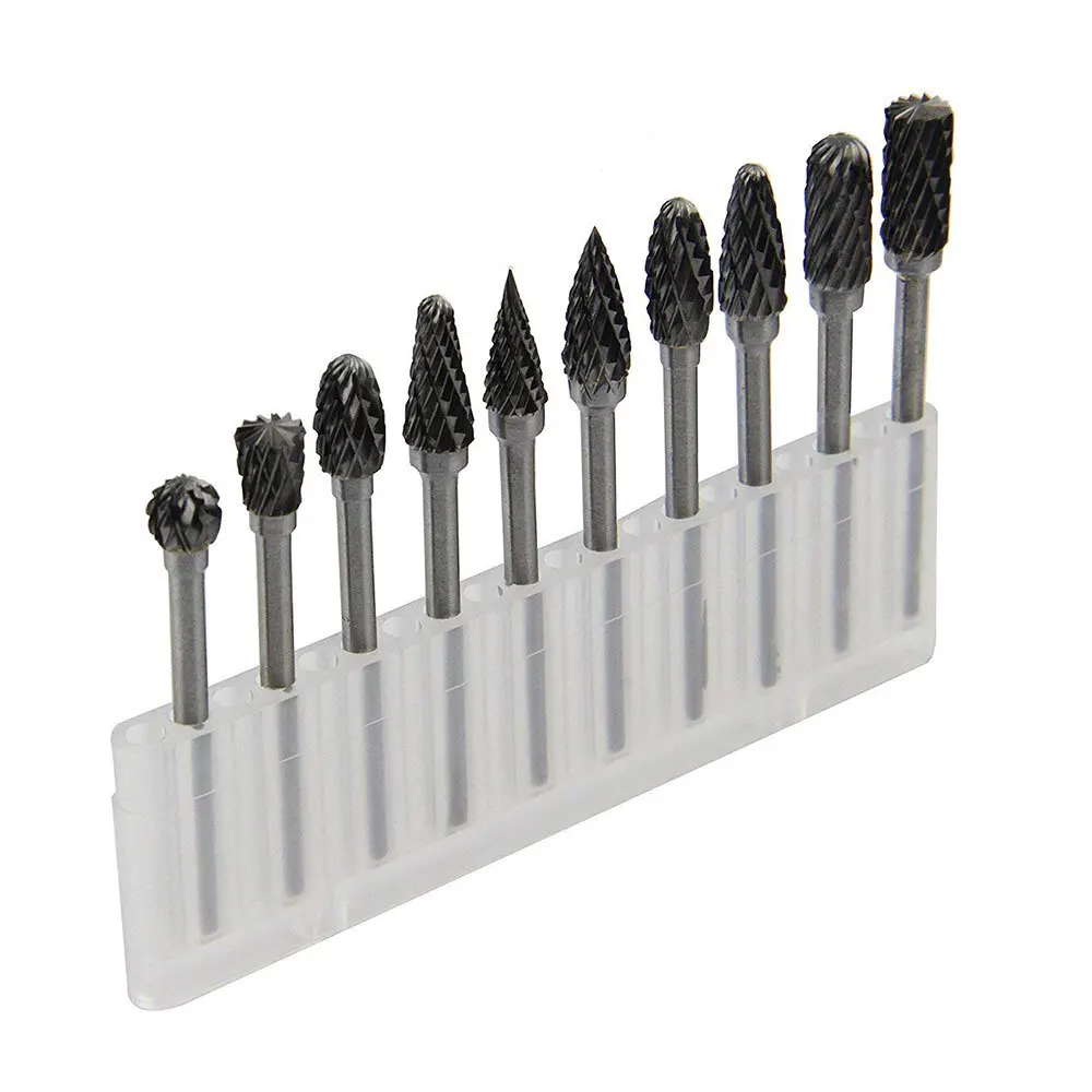10 Piece Set Tungsten Carbide Double Cut Rotary Burr Set 3mm (1/8 Inch) Shank Wood Carving Grinding Rotating Tool