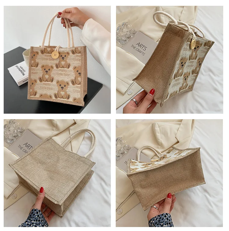 2024 Fashion handbags sudents shoulder bags outdoor shopping bags women bear linen tote bags