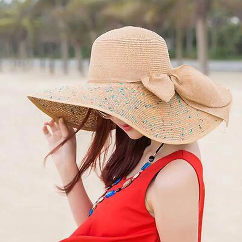 
Fashion Straw Hat Ribbon Big Floppy Brim Visor Hat Summer Beach Visor Cap 
