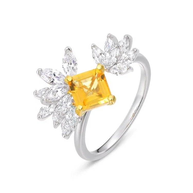 Newest Square  synthetic citrine adjustable CZ ring real gold plated jewelry