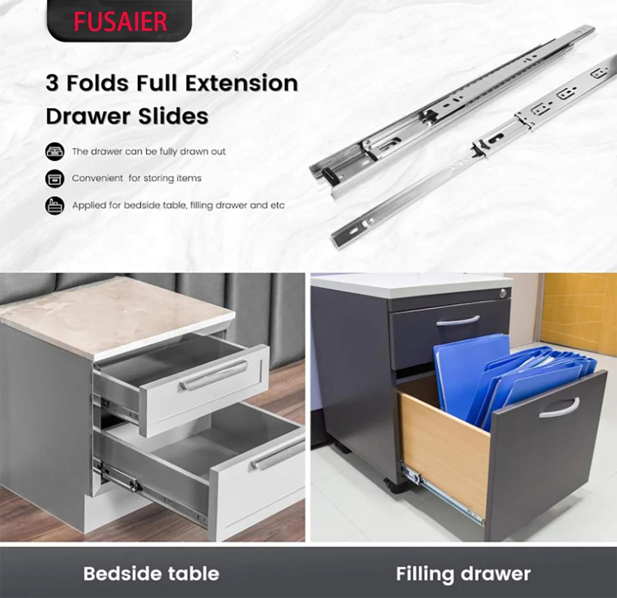Foshan Fusaier Kitchen Cabinet Hardware Drawer Sliding Guide Rails Full Extension Telescopic Channel Ball Bearing Drawer Sliders