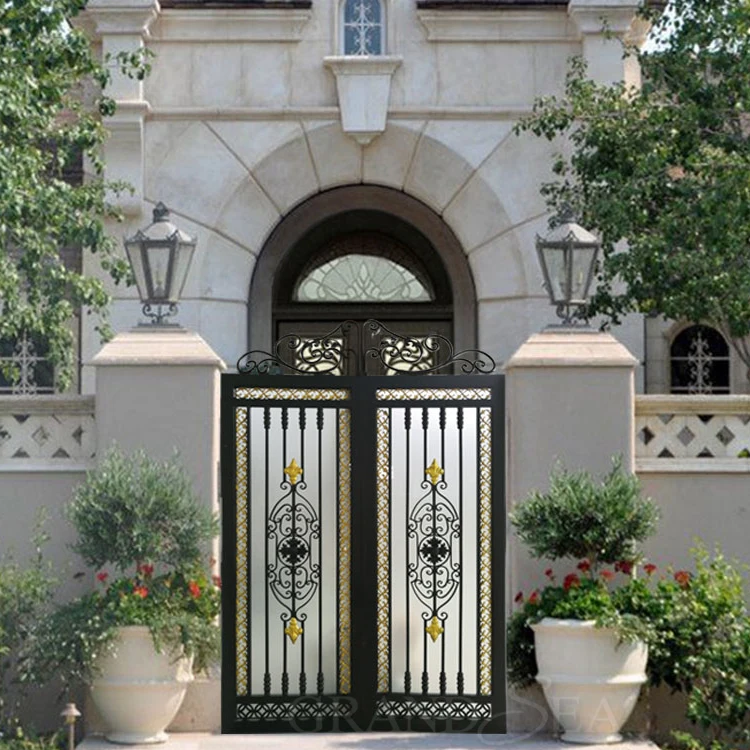 Canada style special shape vertical grid middle circle flower pattern side golden frame wrought iron door