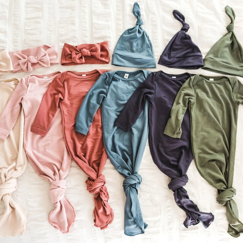 2021 Newborn Baby Boy Girl Jersey Cotton Knotted Kimono Baby Sleep Gown with Hat And Headband