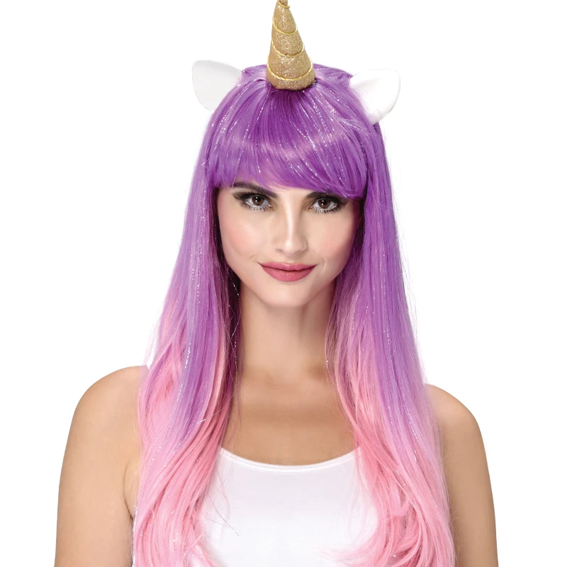 Wholesale new fashion carnival funny anime wig long straight purple cosplay hair wig with horns