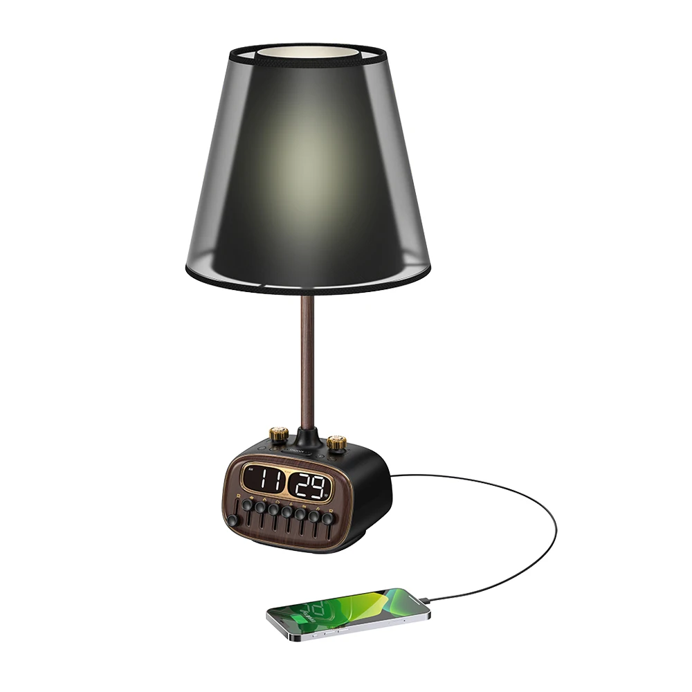 Home decor alarm clock bluetooth speaker music USB luxury linen lamp shade nightstand bedside bedroom living room led table lamp