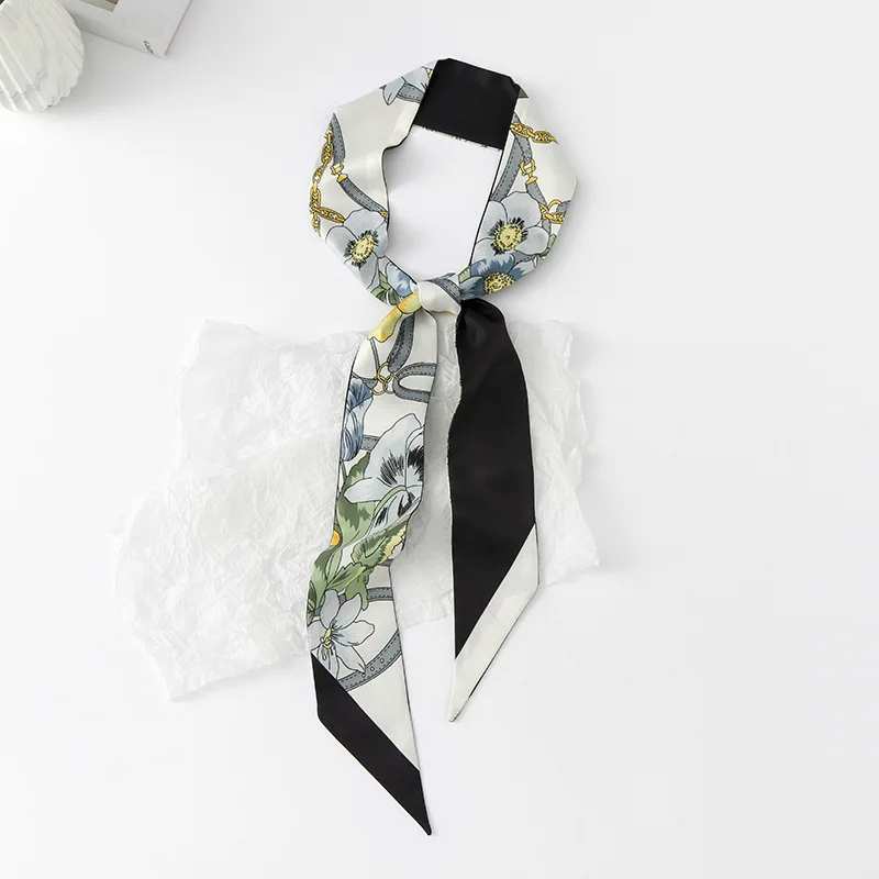 Colorful Floral Print Twill Scarf Handbag Handle Wrap Ornament Bag Twill Satin Hair Silk Scarves