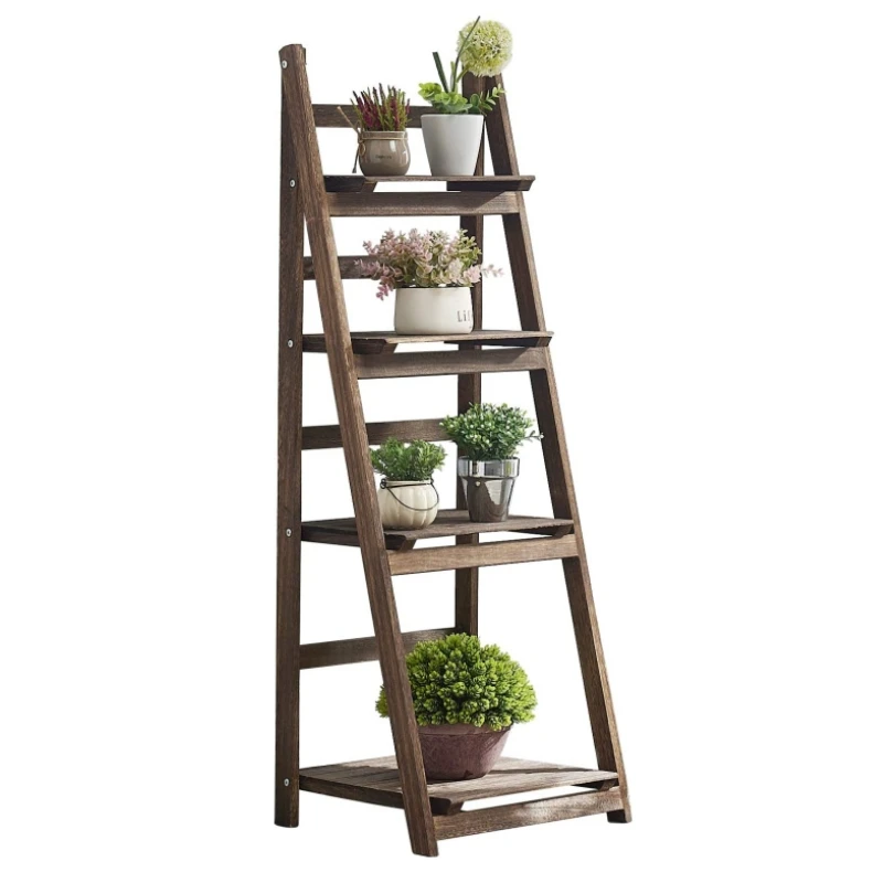 Rustic Brown 4 Tier Foldable Plant Rack Stand Natural Wooden Ladder Shelf for Flower Pot