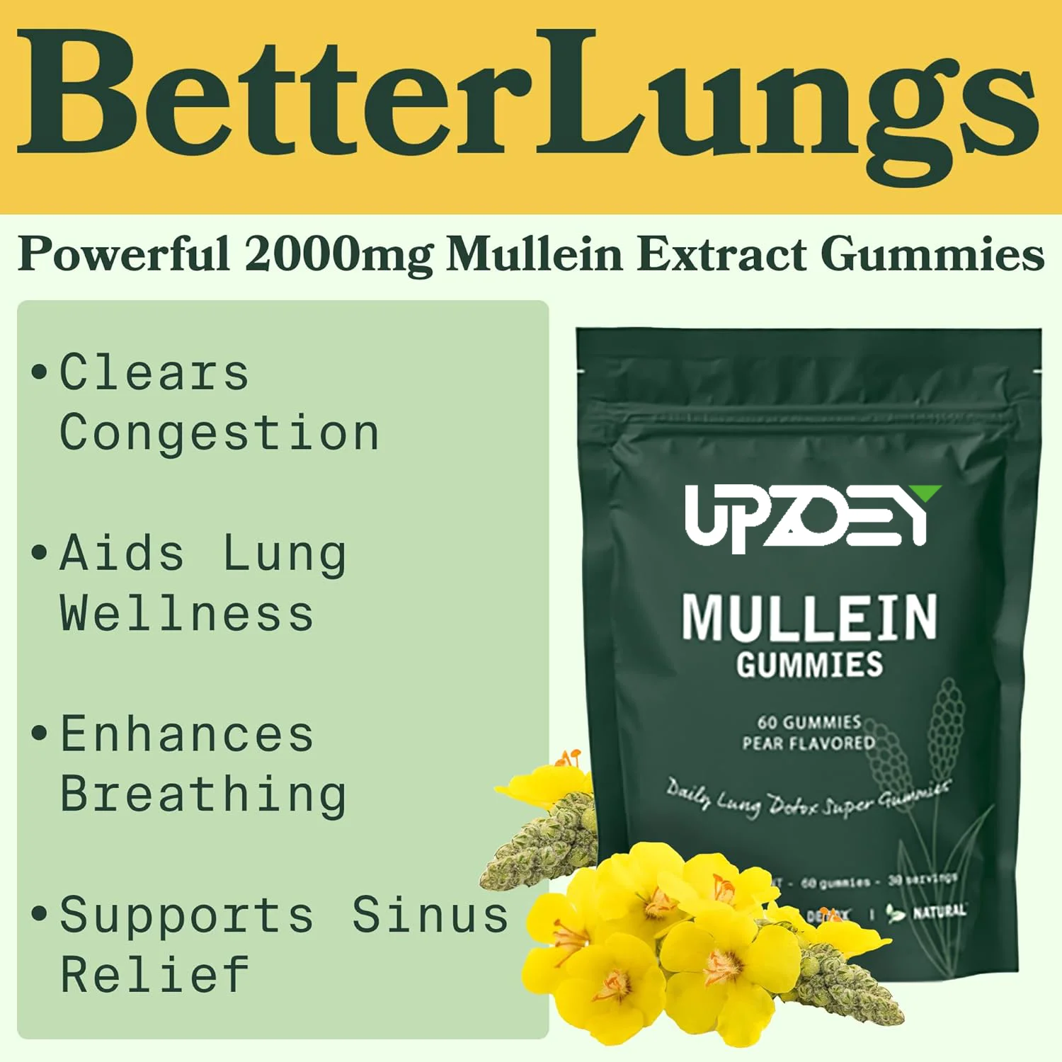 Private Label OEM Mullein Gummies Supplement Clears Congestion,Aids Lung Wellness and Enhance Breathing for Men and Women