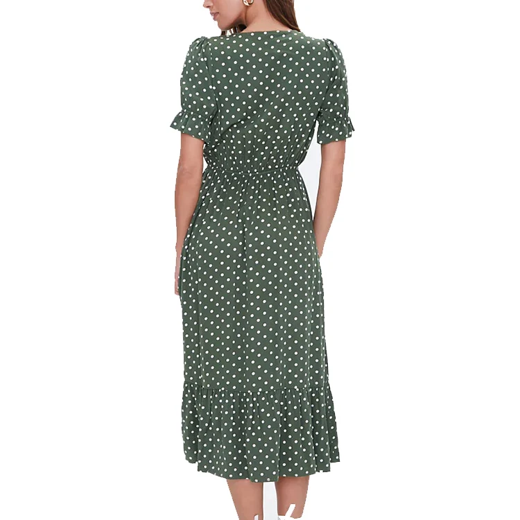 
OEM customer design 2020 Hot selling fashion women casual dress V-neck short sleeve dot dress for lady summer 