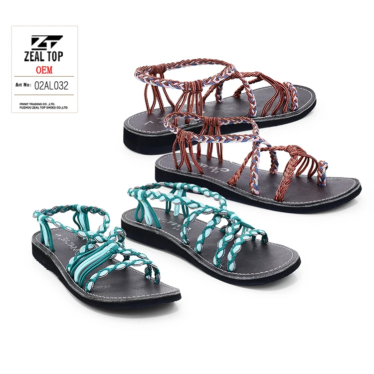 summer platform sandals pu women custom comfy flat ladies soft foot braided rope detail slide sandals braided rope sandals
