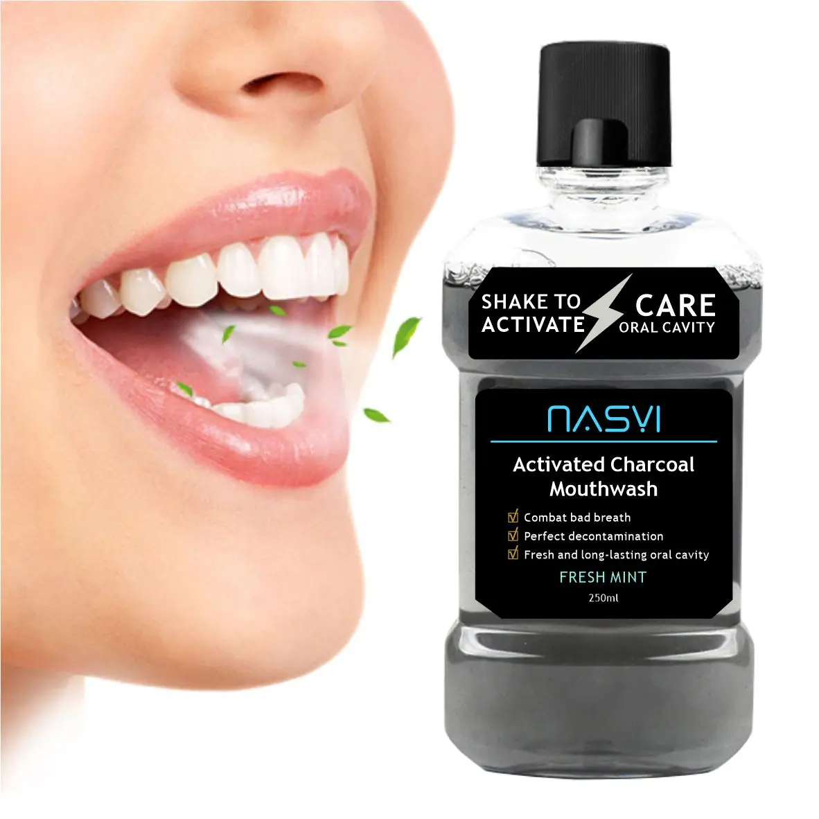 NASYI custom labeled 250ml activated charcoal mouthwash fresh breath to remove bad breath and tooth stains portable mouthwash