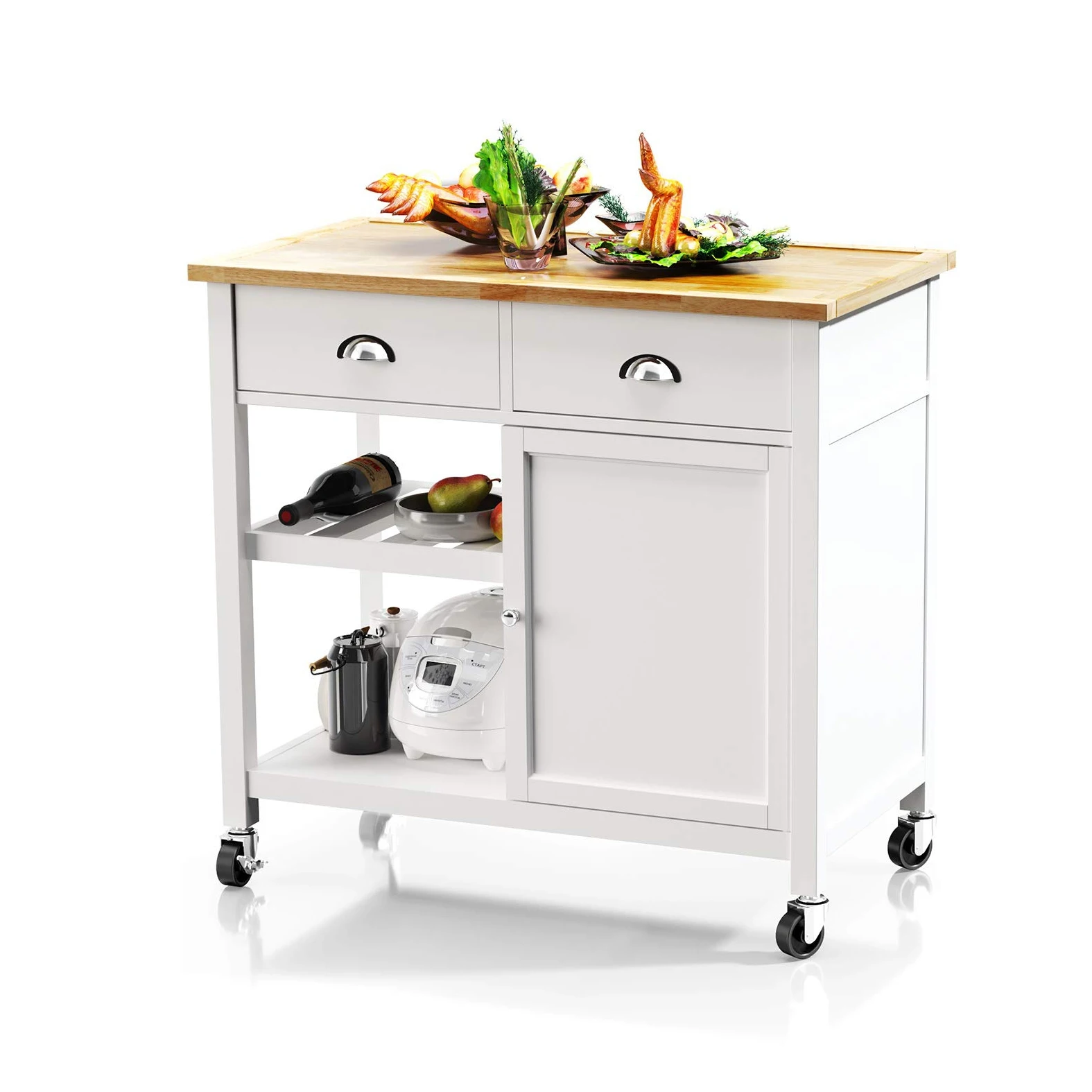 
Mobile wooden storage kitchen rolling trolley island cart with wheels 