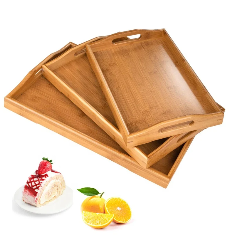 Household food snack tea coffee Bamboo craft tray bamboo tray thick edges  set of 3 bamboo trays