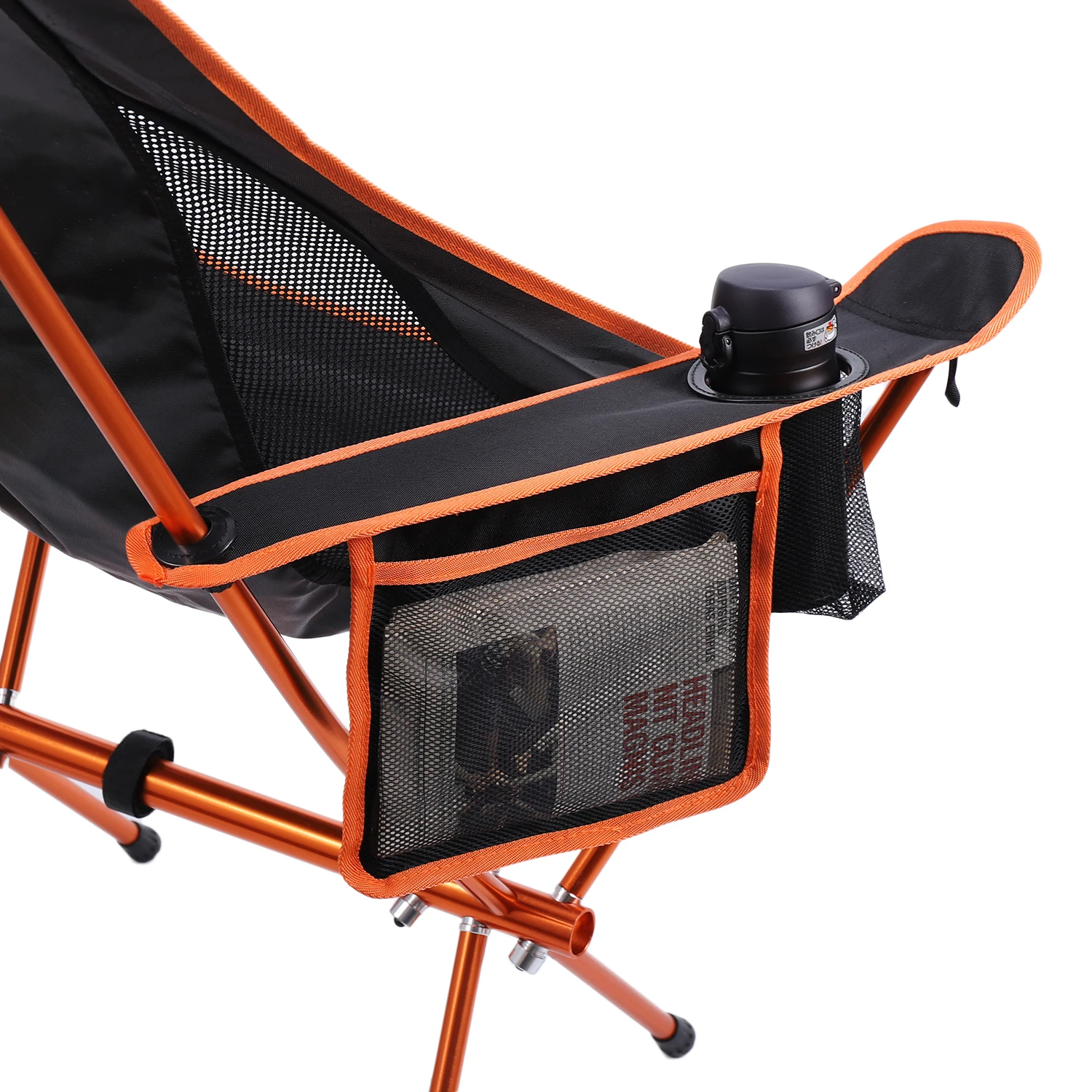 Factory Sale Custom Logo Black & Orange Outdoor Camping Moon Chair with Cup Holders
