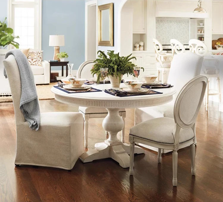 American solid wood dining table and chair combination oak retro white round table French style six people dining table custom