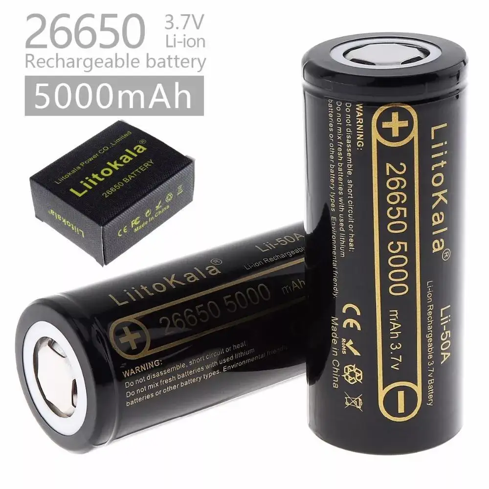 Authentic Liitokala Lii-50A 26650 5000mAh 50A High Capacity Li-Ion 3.7V Rechargeable Battery for Golf Carts INR Anode Material