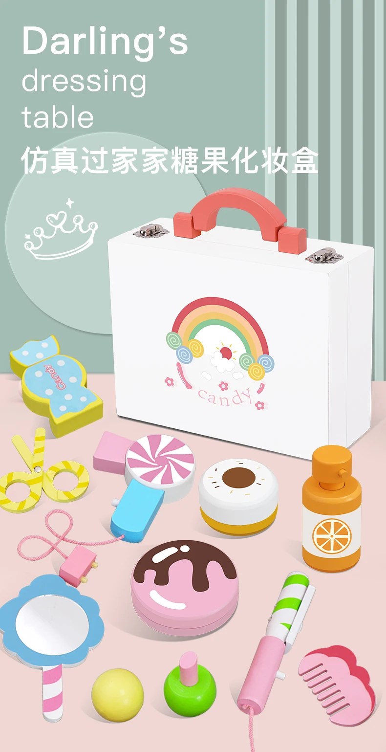 Hot Pop Pretend Play House Wooden Toy Candy Makeup Case With Full Set Of Make Up Accessories For Baby
