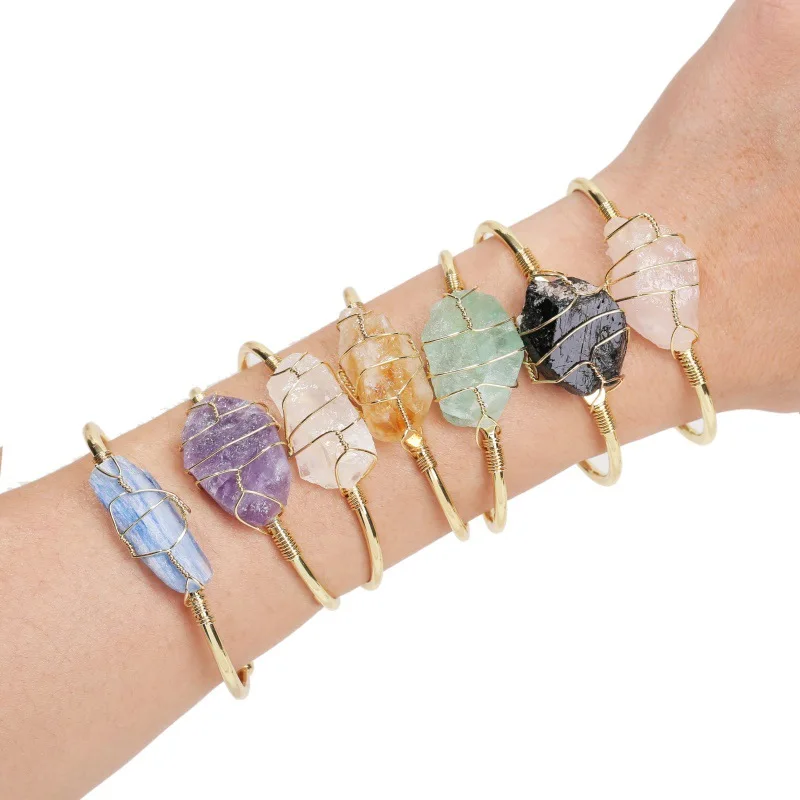 Irregular Crystal Natural Stone Bangle Bracelet, Healing Raw Crystal Wire Wrapped Adjustable Bracelet,Cuff Open Crystal Bangle