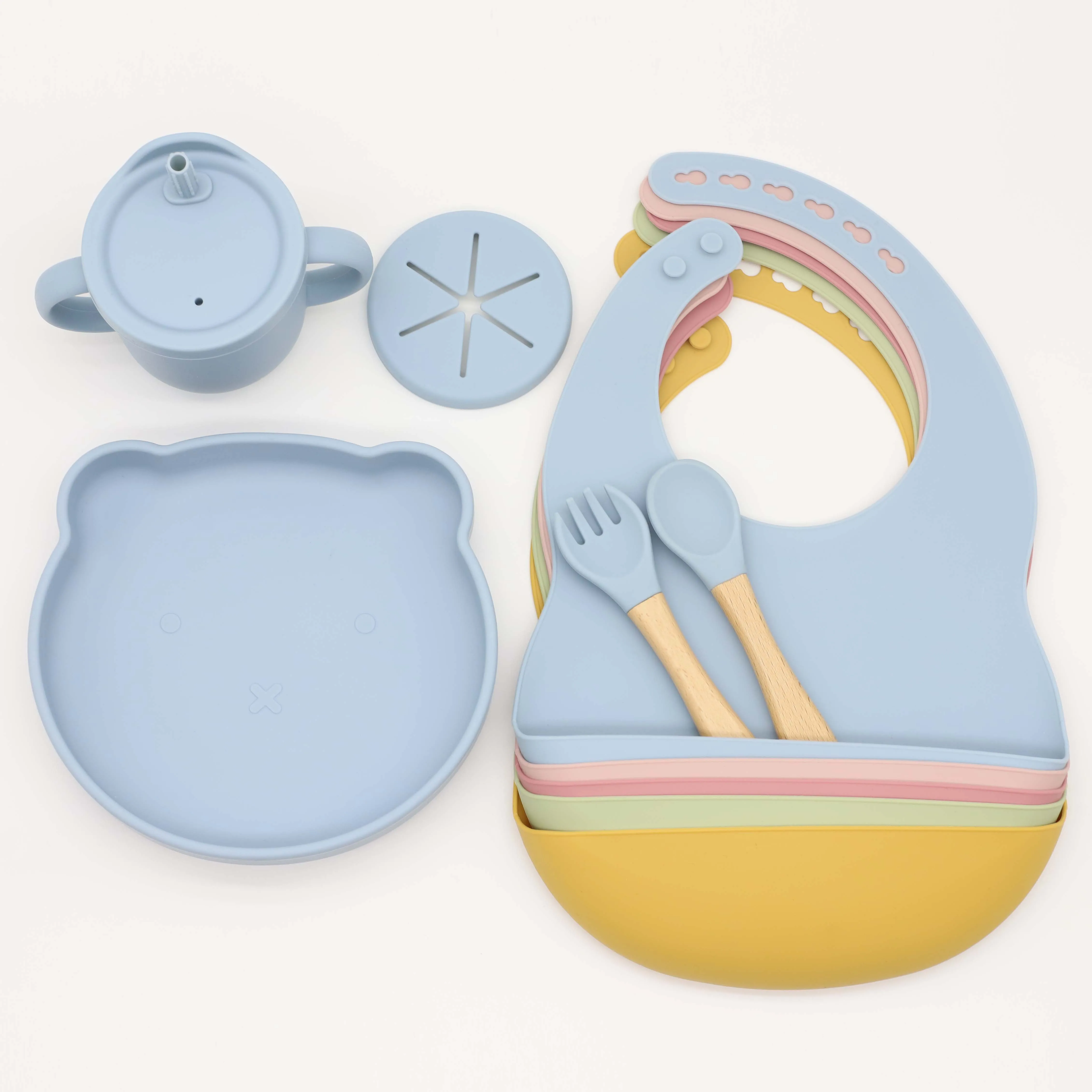 Amazon Tableware non toxic Baby bib suction bear plate spoon fork and silicone 2-in-1 snack  sippy cup non spill feeding set
