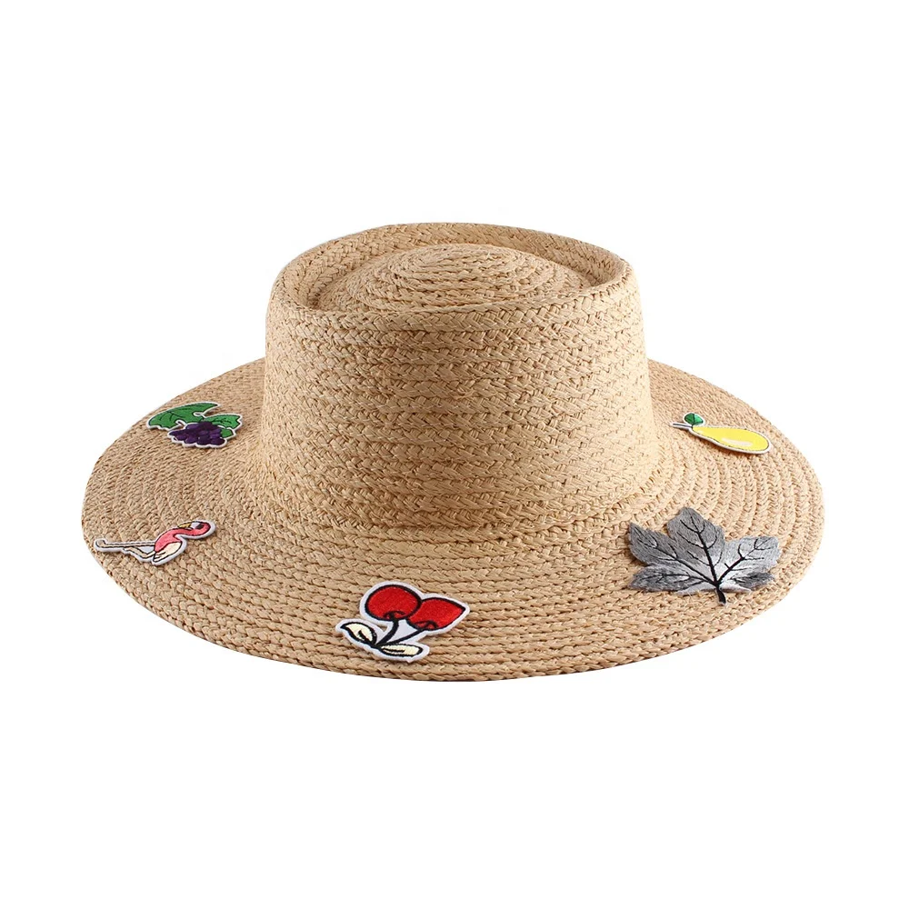 Fashion Lafite Straw Hat Summer Flat Top Embroidery Large Eaves Sunscreen Net Red Holiday Hat