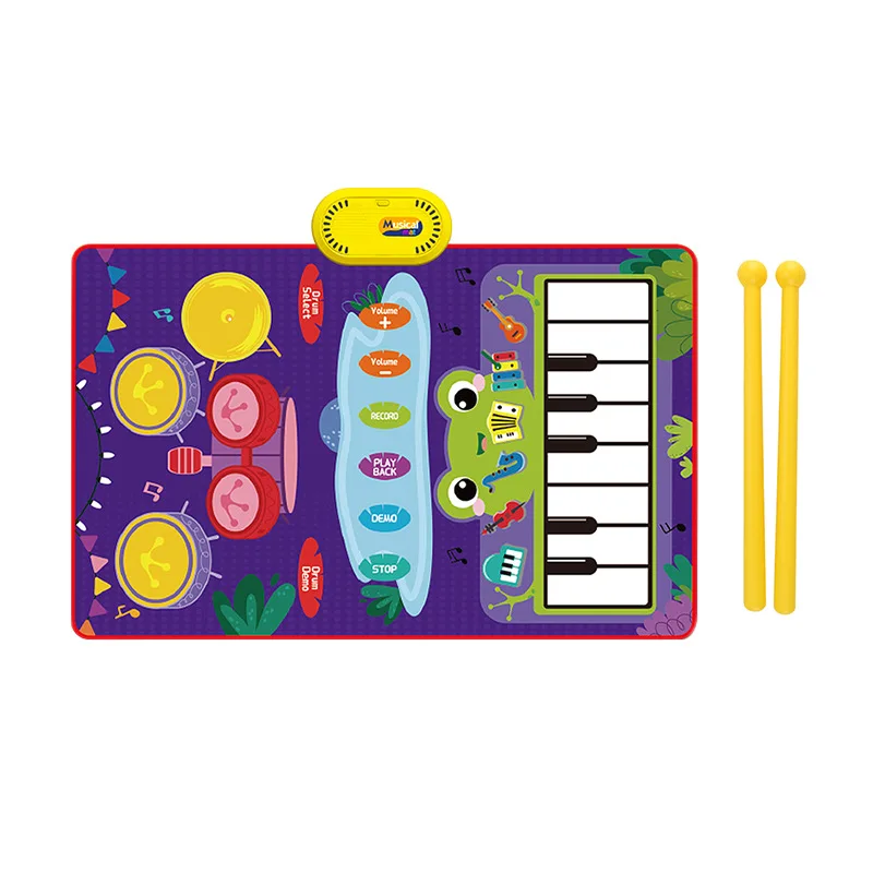 Musical Carpet Floor Mat for Toddlers Early Educational Piano & Drum Play with 2 Sticks Animal Touch Play Blanket Babies