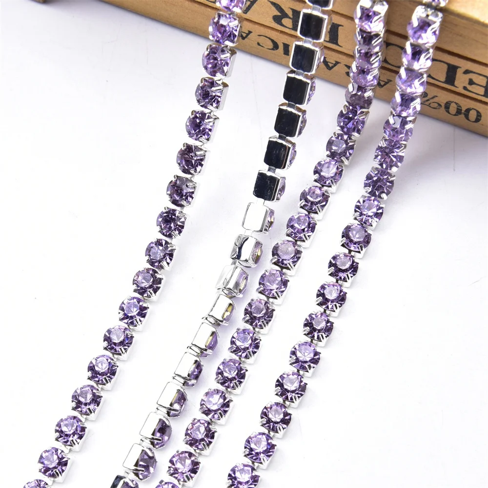 Violet SS28 6mm Glass High Quality Rhinestone Cup Chain Silver Base Dense Purple Crystal Diamond Trim Shoes Clothes Bags DIY