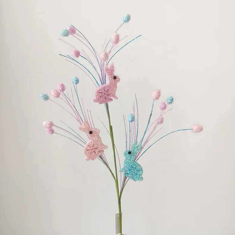 Artificial glitter egg pick spray with rabbit ornaments colorful glitter Easter decorations
