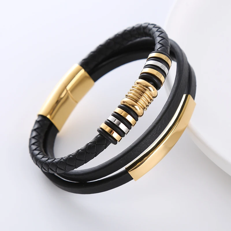fashion jewellery wholesale stainless steel 18k gold plated blank bar men leather bracelet
