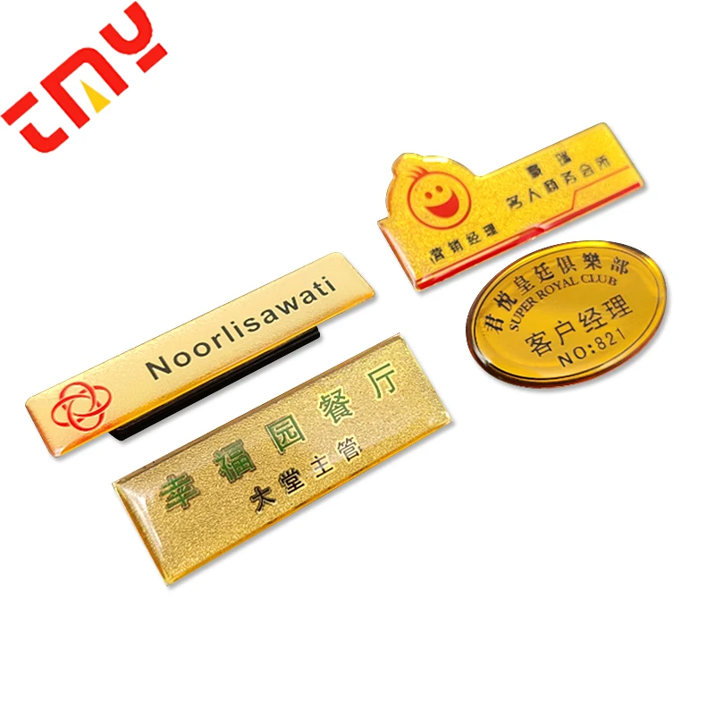 Custom Printed Metal Epoxy Covering Lapel Pin Retractable Gold Metal Name Badges With Magnetic Back