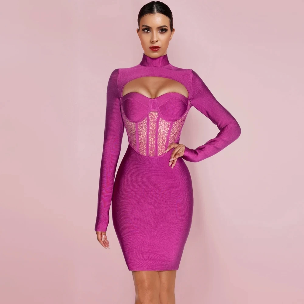 Rose Long Sleeve Cutout Transparent Midi Bodycon Ropa Para Dama Vestidos De Baile Ropa Ballroom Dresses Bandages Sexy Dress Women
