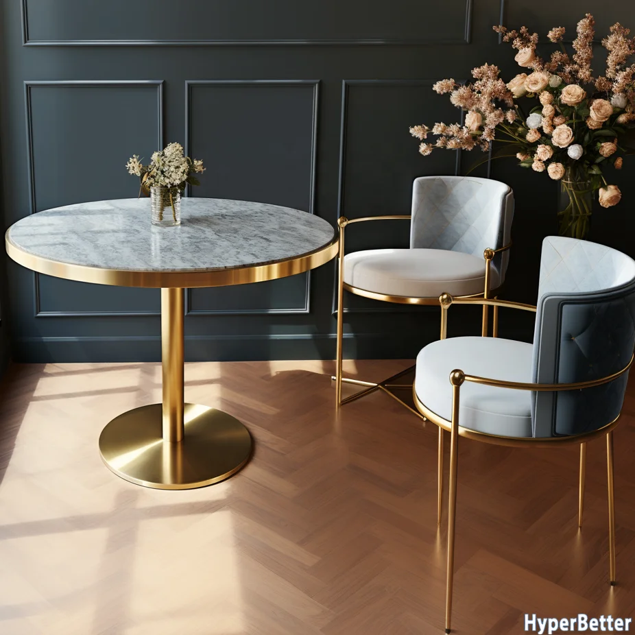 Customized White grey restaurant round granite table top golden stainless steel frame metal base