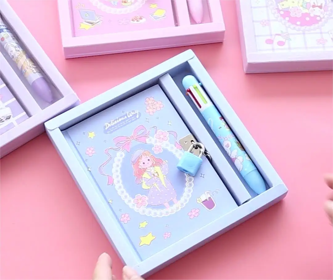 Cartoon diary journal lockable kawaii kids gift set diary children gift notebook with lock key Back to School stationery sets